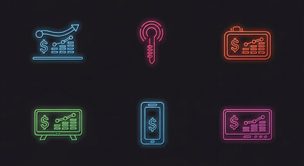 Neon financial icons glowing on a dark background, representing modern banking, investment, and business growth with a futuristic aesthetic