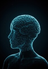 Obraz premium Abstract digital human head silhouette glowing with blue interconnected data points against dark background representing artificial intelligence and neural network concepts