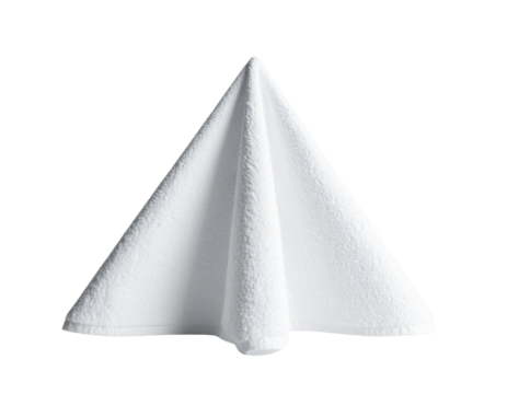 A folded white napkin arranged in a triangular shape, showcasing its textured fabric.