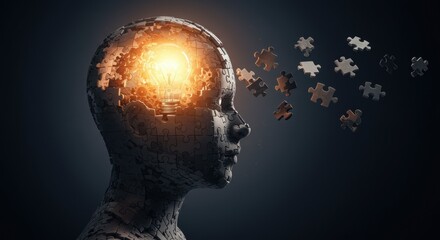 Abstract Human Head Profile Pixelated With Glowing Brain And Puzzle Pieces Flying Away On Dark Background