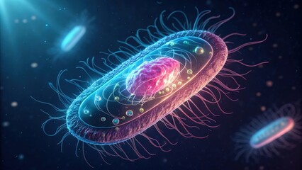 3D futuristic bacteria cell in motion with glowing neon light