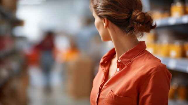 Shopper browsing organized storage solutions and home organization products head turned away surroundings intentionally defocused faceless background defocused home