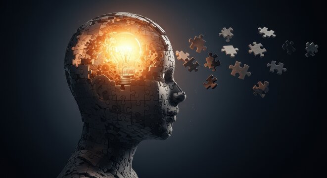 Abstract Human Head Profile Pixelated With Glowing Brain And Puzzle Pieces Flying Away On Dark Background - Powered by Adobe