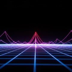 Obraz premium Abstract Neon Grid Landscape With Mountain Peak And Starry Sky In Purple Blue And Pink Tones