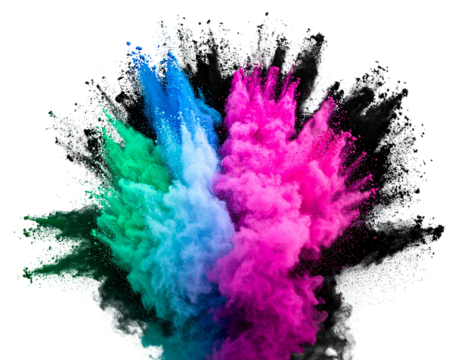 A vibrant explosion of colorful powder in shades of pink, blue, and green, creating a dynamic and artistic visual display.