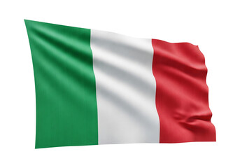 The national flag of Italy, with iconic green, white, and red vertical stripes, waving with realistic fabric texture and gentle folds, isolated on a white background
