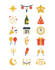 Vector flat icon set column of New Year celebration: sparkler, champagne bottle, confetti, calendar 31, balloons, hat, star, and festive decor.
