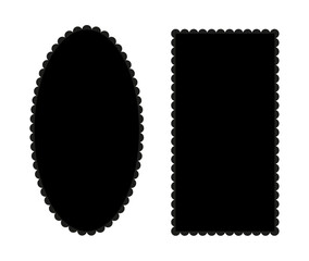 Scalloped backgrounds. Black edge rectangle, ellipse shapes. Simple backdrops. Label flat forms. Silhouette lace frames. Elements for tag, stickers, badges, banners, posters.
