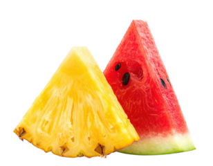 A vibrant slice of pineapple and a triangular piece of watermelon, showcasing their distinctive colors and textures.