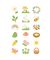 Vector pastel spring nature icon set: sprouts, leaves, bee, butterfly, mushrooms, rainbow, and sun in cute minimal kawaii style.
