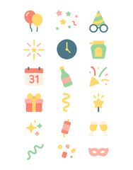 Vector flat icon set strip for New Year party celebration: fireworks, calendar, champagne, confetti, balloons, gifts, and hats.
