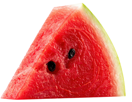A vibrant slice of watermelon showcasing its juicy red flesh, green rind, and black seeds, highlighting its refreshing and delicious nature.