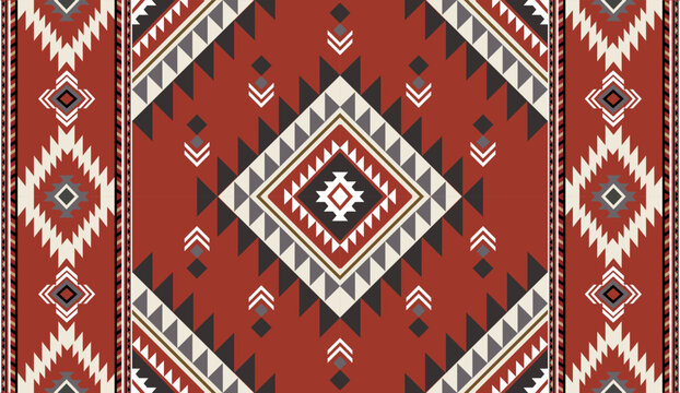 Seamless geometric ethnic pattern inspired by Native American tribal fabric. Traditional Aztec and Navajo style carpet and tile vector design on navy blue background. Perfect for textile, wrapping,