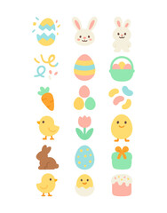 Vector pastel Easter decorative icon strip with eggs, bunnies, chicks, flowers, and ribbons in soft festive illustration style.
