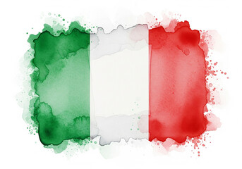 Vibrant watercolor painting of the Italian flag, showcasing artistic brush strokes on a pristine white background, creating a soft and elegant appearance