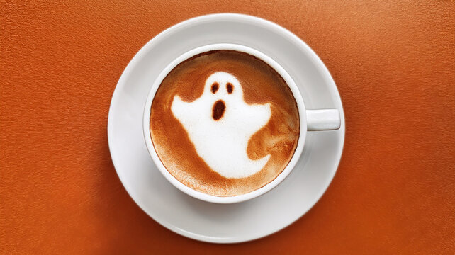 Top view of cafe latte in white cup with Halloween-themed latte art on vintage orange table. The white cup features a spooky halloween ghost design on milk foam. Generated image