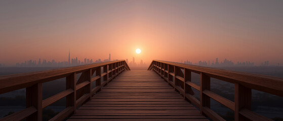 Obraz premium Fake 360 degrees HDR panorama of sunrise over cityscape from wooden pier urban landscape serenity