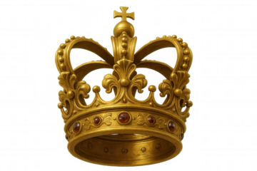 Golden ornate crown, embellished with red gemstones and a cross, symbolizing royalty, leadership, and wealth