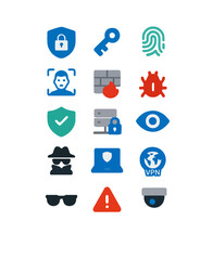 Vector flat icon set of security utilities: shield, lock, key, firewall, fingerprint, bug, warning, and privacy control elements.
