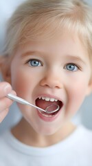 Happy child showing teeth during dental check-up with dental tool