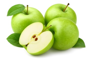 green apple fruit with leaf isolated on white background.
