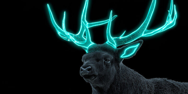Black deer with glowing turquoise antlers stands out against dark background, creating futuristic and mystical atmosphere. luminescent antlers add surreal touch to scene