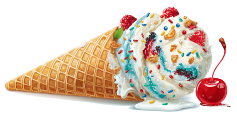 Delicious vanilla ice cream cone with colorful sprinkles, raspberries, and cherry on top, creating delightful and tempting treat