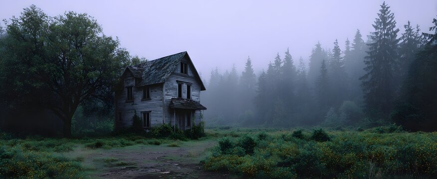 The old abandoned haunted house looms within a foggy forest clearing.