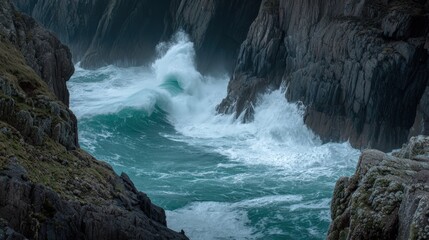 Dynamic ocean waves crashing against rugged cliffs in dramatic coastal scene