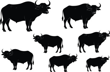 Buffalo silhouette vector collection, side profile animal poses, horned beast clipart, black wildlife illustration, nature themed stock content, grazing posture set