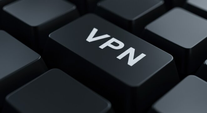 Close up of a VPN key on a black keyboard in a dimly lit room