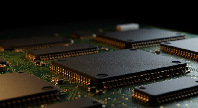 Close-up of Black Integrated Circuit Chips on a Green Printed Circuit Board with Gold Connectors and Dramatic Lighting - Powered by Adobe