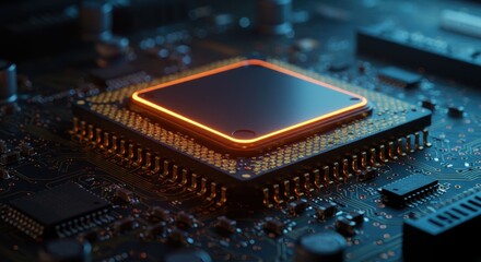 Close up of glowing orange computer processor chip on a dark circuit board with intricate details and digital lights illuminating the background