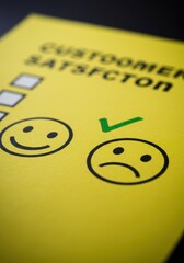 Close up of yellow customer satisfaction survey form with happy and sad faces and check mark