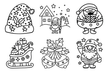 Collection of six festive outline images including a starry winter hat, a house with Santa, Santa Claus holding a present and waving, a sleigh with gifts, and decorative jingle bells.