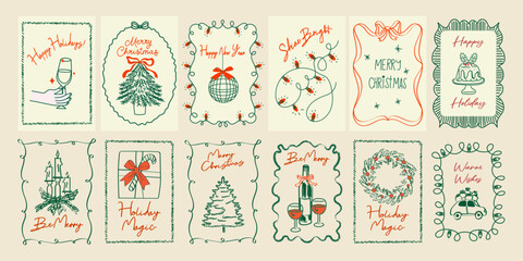 Hand drawn Christmas poster set. Retro vintage New Year doodle illustrations in minimalist line art style with holiday wreath, bows, candle, gifts, and martini glass. Festive coquette vector design	