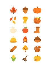 Cozy autumn harvest vector icon set in warm flat colors: pumpkins, apples, acorns, boots, latte, pie, and leaves arranged neatly on white background.
