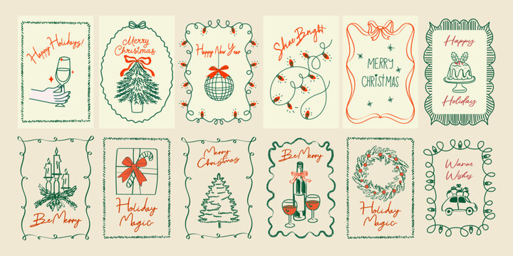 Hand drawn Christmas poster set. Retro vintage New Year doodle illustrations in minimalist line art style with holiday wreath, bows, candle, gifts, and martini glass. Festive coquette vector design	