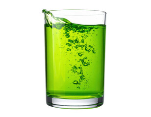 A vibrant green liquid is splashing in a clear glass, showcasing bubbles and movement.