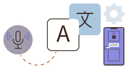 Microphone icon, letters A and translation symbol, gear, and unlocked door icon represent voice recognition, language translation, accessibility, and technology innovation. Ideal for AI tools