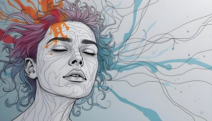 Colorful abstract depiction of a woman with flowing hair and vivid splashes of paint expressing emotion and creativity in an artistic design Generative AI