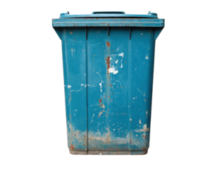 A weathered blue trash bin with visible rust and peeling paint, showcasing signs of age and wear.