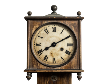 An antique wooden clock featuring Roman numerals and a classic design, showcasing intricate details and a timeless aesthetic.