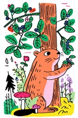 Cute brown animal gathers blueberries under a tree in a colorful forest scene with flowers and mushrooms