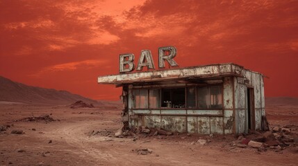 Abandoned bar on Mars at sunset