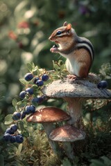 Chipmunk enjoying blueberries on a mushroom in a lush forest during the golden hour
