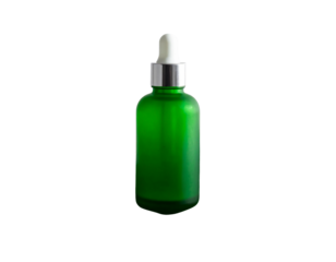 A green glass dropper bottle with a white dropper cap, typically used for essential oils or serums.