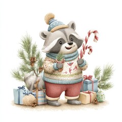 Cute raccoon in a cozy sweater holding a candy cane surrounded by holiday gifts and pine branches in winter