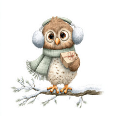 Cute owl wearing earmuffs and scarf holds a gift while standing on a snowy branch in winter landscape