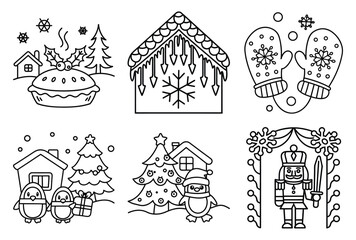 Christmas Coloring Page , Winter Black and white illustration, holiday line art